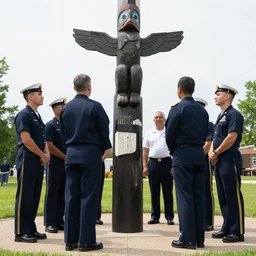 us navy officers standing around a totem pole