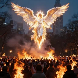 photograph photo of a horrific, bright, shining holy angel descending upon a city park. the park is on fire. the crowd of people is on fire, screaming.