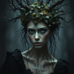 a dark fantasy portrait of beautiful witch by irakli nadar and stefan gesell with intricate detailed moss and leaves headdress, melting wax, mycelia, abstract impressionism, ruan jia, hyper detailed, concept art, by gustav klimt, by sue bryce, moody lighting
