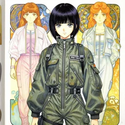 a copic maker manga portrait illustration bylois van baarle yoshiyuki sadamoto and alphons mucha of an anime girl highly detailed anime eyes wearing streetwear pilot suit lots of zippers, pockets, synthetic materials, jumpsuits by issey miyake and balenciaga 8 k