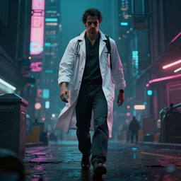 a plague doctor walks through a cyberpunk city, dark atmosphere, detailed, vibrant Colors