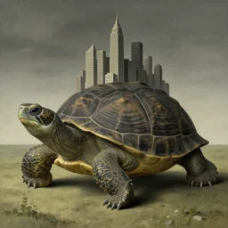 giant turtle with a city in its back by René Magritte, detailed, 4k