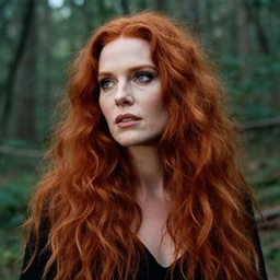a beautiful medium - shot photographic still of a sexy witch looking off into the distance, long curvy red hairs, beautiful eyes and face, natural soft light failing on her face, by annie leibowitz + primordial magic forrest