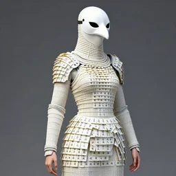 female adventurer in tight full - body sticky note stack paper chainmail - style armor and a white porcelain crow mask, trending in artstation, japanese, artstation, establishing shot