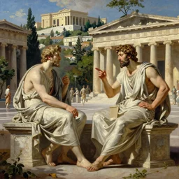 sokrates discussing in ancient athens on plaza, intricate architecture, greenery, panorama, oil painting by jacques - louis david