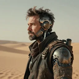 a rugged middle aged engineer man with cybernetic enhancements and funky hair lost in the desert, short beard, scifi character portrait by greg rutkowski, esuthio, craig mullins, green eyes, 1 / 4 headshot, cinematic lighting, dystopian scifi gear, gloomy, profile picture, mechanical, half robot, implants, steampunk
