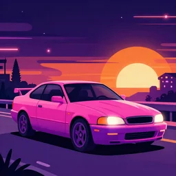 vaporwave vector art of a pink and purple car, night sky, neon lights, orange sunset background