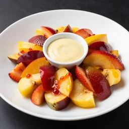a mouth - watering sharon fruit salad served with garlic dressing, 8 k resolution, food photography, studio lighting, sharp focus, hyper - detailed