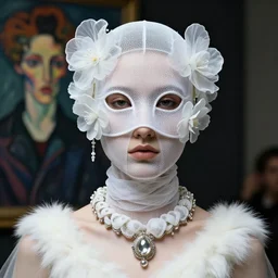 a futuristic portrait by mask made of wires and white gauzes and plastic flowers, white fur fir necklace made by gauzes twisted around neck, design by leonardo davinci, inspired by egon schiele, balenciaga, modern art, baroque art jewelry, new classic, fashion design, photorealistic, hyper realistic, cinematic composition, cinematic lighting, fashion design, concept art, 8 k