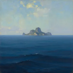 the middle of the ocean, in the distance, on the horizon is the mystic island of ogygia, landscape, artstation, oil painting, painted ruan jia raymond swanland lawrence alma tadema zdzislaw beksinski norman rockwell tom lovell alex malveda greg staples
