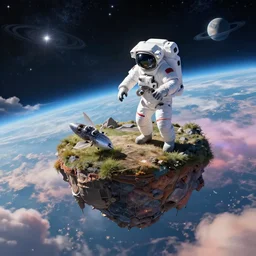 a flying island in space, an astronaut standing on the island ramming a flyagaric in the ground, stars and planet earth in the background surrounded by colorful clouds