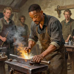 will smith as a blacksmith painting by karl kopinski kim jung giu and weta studio, and lucasfilm and jesper ejsing and norman rockwell greg rutkowski frank frazzeta