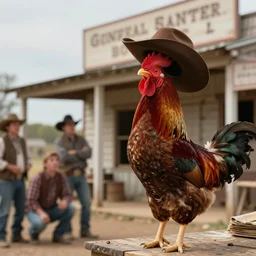 a rooster with a cowboy hat on writing up to a general store in the old west with cowboy onlookers staring at the rooster in disbelief - n 4