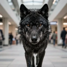 Close up camera footage of a extremely aggressive Feral Black Wolf with severe late stage rabies in an abandoned shopping mall, Wolf Running Directly toward camera, It Follows :7 , high exposure, dark, monochrome, camera,  grainy, CCTV, security camera footage, timestamp, zoomed in, Creepy, Feral, fish-eye lens, Rabid, Dire Wolf, Nightmare Fuel, Wolf, Evil, Stalking, Bite, Motion Blur, horrifying, lunging at camera :4 Blood on floors, windows and walls :5