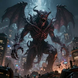 a beautiful high - quality photo of an entity of darkness devastating a solarpunk city, devouring happiness and souls, cosmic horror, volumetric lighting, hyperrealistic, very detailed, 8 k