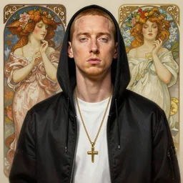 Eminem dressed as a lady, highly detailed, digital painting, artstation, concept art, smooth, sharp focus, illustration, art by Krenz Cushart and Artem Demura and alphonse mucha