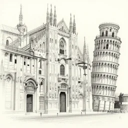 Milan cathedral and the leaning tower of Pisa, pencil sketch
