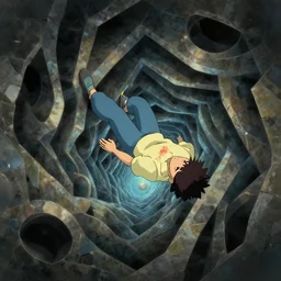 mc escher tessellation anime studio ghibli human falling into portal abyss fused body parts zeiss lens masterpiece cinematic lighting painting by tokio aoyama high contrast 8 k realistic paint texture
