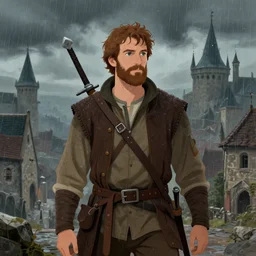 portrait of an adventurer, illustration by michael wellen, john stephens, in a medieval city, tone mapping, stormy weather, sleet, trending on artstation