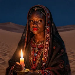 a nomad of the desert in night, young black woman with red lip, candles light,, close - up portrait, poor, intricate, elegant, volumetric lighting, scenery, digital painting, highly detailed, artstation, sharp focus, illustration, concept art, ruan jia, steve mccurry, peter lindbergh