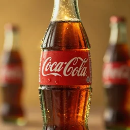 advertising in the center of a bottle of coca - cola, droplets flow down the bottle, soft warm light, ultra - quality, super elaboration of details, play of light, yellow light shines through, focus unreal engine 5,