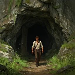 digital art of an entrance to a cave, artstation, tomb raider, mountain, grass, indiana jones