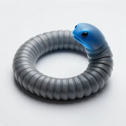 studio photograph of a matte gray worm with a neon blue head