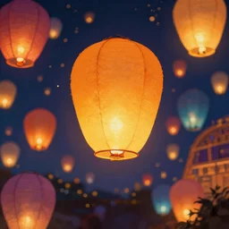 paper lanterns glowing in many colors floating. beautiful digital detailed landscape painting, 8k, award winning, hyperrealism matte painting trending on artstation
