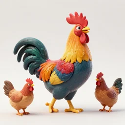 A Vibrantly coloured , 3D polymer clay figure of a majestic rooster, strutting his stuff to the hens nearby