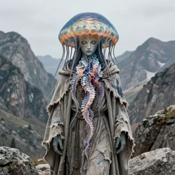 A detailed jellyfish god stands among the mountains. Wearing a ripped mantle, robe. Perfect face, colossal scale, extremely high details, realistic, fantasy art, solo, masterpiece, art by Zdzisław Beksiński, Arthur Rackham, Dariusz Zawadzki