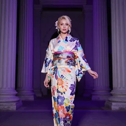stunning, breathtaking, awe - inspiring award - winning photo, extremely moody purple lighting, 8 k, full body face portrait of an attractive beautiful blonde white fairy wearing a colorful yukata in front of roman columns
