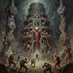 oil paint of 1 1 horrifying machines mainframe reel to reel dna as flayed gods in tiers, colossal medical gangrene machines in tiers, dethroning / we machines / melee, battle pit, by shigeru komatsuzaki, wayne d barlowe, stefano tamburini, ember light, muted colors, epic, hyper detailed, awe inspiring, award winning horror, narrative