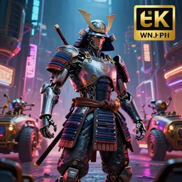A wide shot of a cyborg samurai, cyberpunk background with steampunk vehicles. High action glowing neon lights. Very beautiful, Cinematic, volumetric lighting, Award winning, ultra high resolution, intricate details, rendered with unreal engine, octane render, UHD 8K