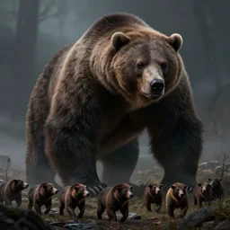 giant grizzly monster looming down at some poachers, dark fantasy, dnd, extremely detailed, sharp focus, smooth, matte painting, concept art, vaporwave style, chiaroscuro, trending on artstation, midjourney!!