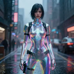 holographic female standing in the rainy streets, cyberpunk, blade runner, futuristic, intricate, sharp focus, lens flare, bloom, illustration, highly detailed, digital painting, concept art, matte, art by ruan jia and wlop and greg rutkowski, masterpiece