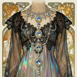 rococo and art nouveau fusion backdrop, black lace and iridescent diaphanous silk, refractive and reflective crystal gemstone jewelry, fantasy, intricate, elegant, highly detailed, digital painting, artstation, concept art, matte, sharp focus, illustration, hearthstone, art by artgerm and greg rutkowski and alphonse mucha
