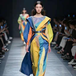 futuristic fashion show, beautiful model with colored clothes, photoshoot, hd,