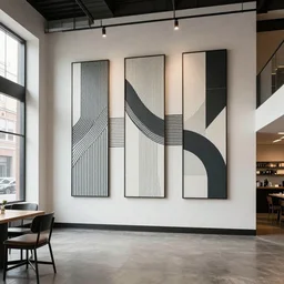 trendy downtown loft with modern murals on the wall, modern wall art and patterns, professional photographed interior design, beautiful architecture