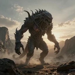 a photorealistic hyperrealistic render of a giant monstrous lovecraftian creature, walking in a uninhabited mountain scene by greg rutkowski, wlop, artgerm, d & d creature, epic fantasy dramatic moody dawn lighting, long shadows, volumetric, cinematic atmosphere, octane render, artstation, 8 k