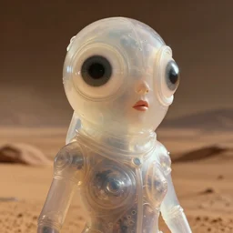 a close up image of. female woman, synthetic, translucent, plastic monster with large eyes, standing on a martian landscape, cinematic movie scene, inspired by the movie the fifth element, by kim jung gi, hyperrealistic, fine details, octane render, volumetric lighting