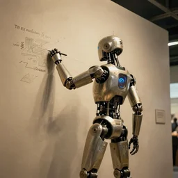 a stunning ultra detailed fantasy fine art photo of a robot drawing on a wall, by tom bagshaw, wlop and artgerm, robot from ex machina movie, wide angle, golden ratio composition, deep depth of field, cyberpunk, soft lighting, artstation, 8 k