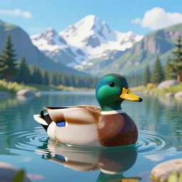 a colorful fantasy mallard floating on a lake in the mountains, cascadia