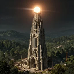 A dramatic solar eclipse over a medieval construction site for the tallest tower in the world. masterpiece 4k digital design by John Avon and Greg rutkowski, award winning, Artstation, Takato Yamamoto aesthetic, Neo-Gothic, gothic, forest on background, intricate details, realistic, hyperdetailed, 8k resolution
