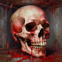 disgusting red paint splashed oil _ masterpiece _ of _ hyper detailed moonshine _ refinery _ for _ blood _ inside _ giants _ skull _ with _ primordial _ ooze _ and rusty drip ceiling by _ bernie _ wrightson