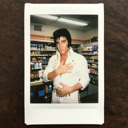 a polaroid photo of Elvis in disguise at a convenience store in 1982