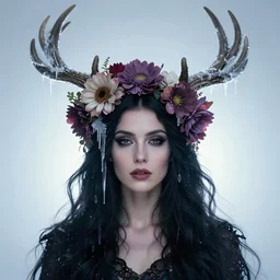 beautiful female character inspired by iceland and floral headdress bjork pagan wiccan viking antlers headdress icicles full face | | digital artwork made by greg rutswork, anna dittmann and lois van barlee, symmetrical rim light, anatomically correct