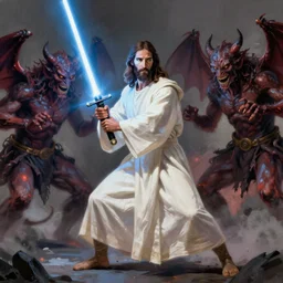 jesus christ in a white robe fighting demons with, a lightsaber ; art by artgerm ; digital art ; character art ; star wars