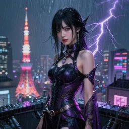 portrait futuristic sensual cyberpunk young female Mage, in futuristic rainny thunder flashing tokyo rooftop cyberpunk night, ssci-fi, fantasy, intricate, very very beautiful, elegant, neon light, highly detailed, digital painting, artstation, concept art, soft light, hdri, smooth, sharp focus, illustration, art by tian zi and craig mullins and WLOP and alphonse mucha
