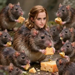 photo, emma watson as anthropomorphic furry - rat inside animal body, huge rats around, eating cheese, highly detailed, intricate details
