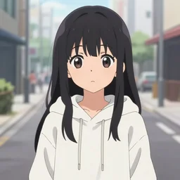 anime visual, illustration of a young black haired girl wearing hoodie on the detailed city street background, cute face by yoh yoshinari, katsura masakazu, studio lighting, full body shot, strong silhouette, zoom out, ilya kuvshinov, cel shaded, crisp and sharp, rounded eyes, bright daylight moody